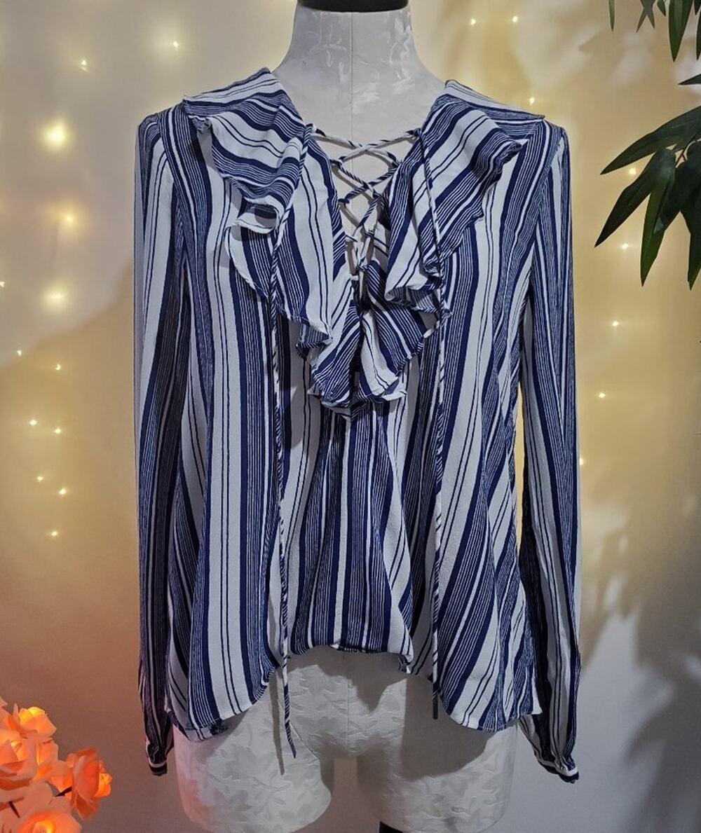 L'Academie Revolve The Ruffle Boho Blouse Lace Up Top Sailor Stripe Women's M